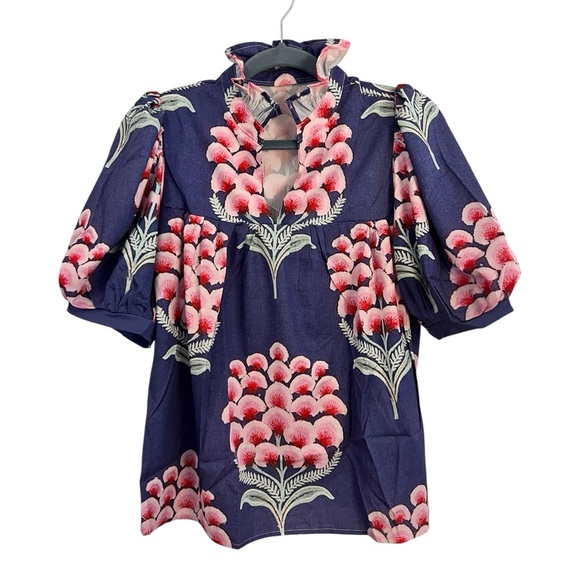 BOHO BOUTIQUE M Block Print Floral Puff Sleeve Top NWOT - Picture 1 of 8